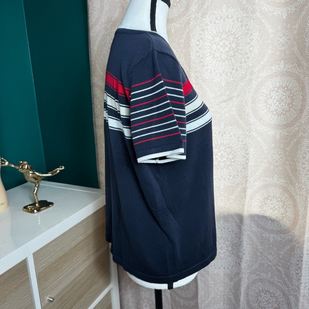Christopher Banks Patriotic Navy Striped Star Knit Tee Size Medium Granny Chic - Picture 2 of 9